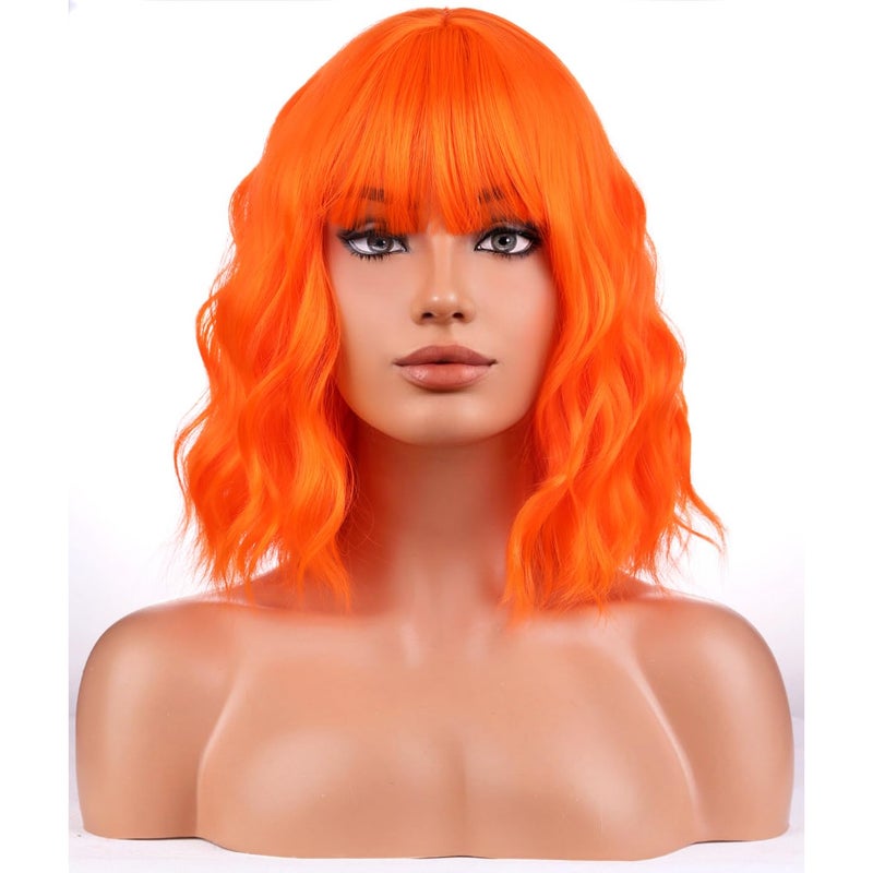BERON Orange Wigs for Women Short Curly Girls Neon Orange Wig Womens Bright Colored 12" Wavy Bob Heat Resistant Synthetic Hair Wig with Wig Cap - Image 2